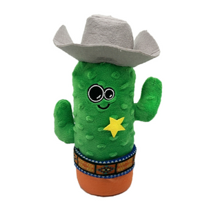 Plush green saguaro cactus in a brown pot with eyes, yellow sherif's badge and cowboy hat