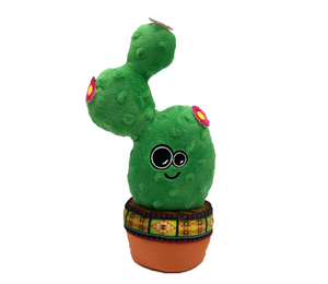 plush prickly pear cactus in a terra cotta plush pot. With two eyes, a smile, and 3 flowers