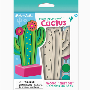 Rectangular box in blue and white with image of painted cactus with clear window showing raw wood cactus craft