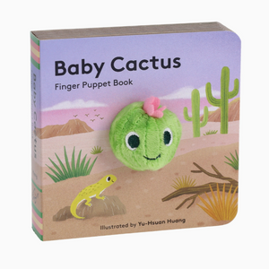 Small square board book with image of desert in brown and purple with cacti and a small plush cactus finger puppet sticking out from the center.