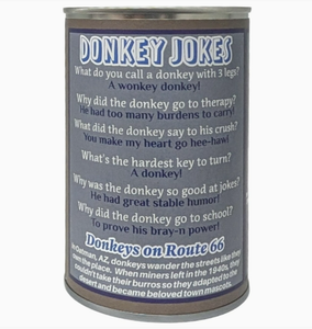 Back label of gray can listing donkey jokes