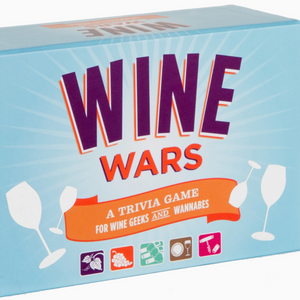 Rectangular light blue box with purple and orange lettering with white wine glasses