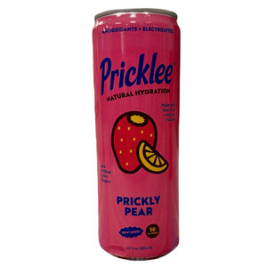 Thin cylindrical pink can with image of prickly pear cactus fruit
