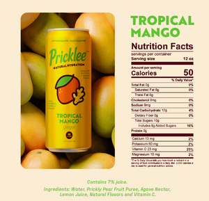 Cylindrical can in yellow with green lettering and image of mango on the front and nutritional information.