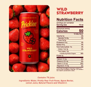 Cylindrical can in light red with image of strawberries on the front and nutritional information.