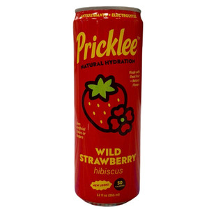 Cylindrical can in light red with image of strawberries on the front