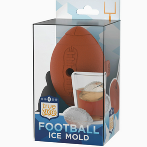 Clear rectangular packaging showing brown football shaped ice mold