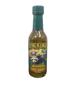 thin glass bottle with red liquid (hot sauce) inside and a green top. the label reads "Sting N Linger" in yellow font with a picture of the company's logo, two bees wearing cowboy hats