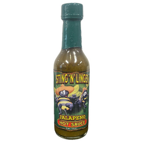 thin glass bottle with red liquid (hot sauce) inside and a green top. the label reads "Sting N Linger" in yellow font with a picture of the company's logo, two bees wearing cowboy hats