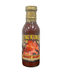 Tall clear glass bottle with black cap containing red brown sauce with black label with picture of bbq ribs and chicken; "Sting N Linger" written across in yellow font