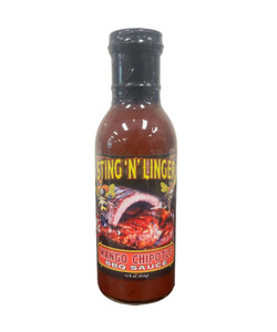 Tall clear glass bottle with black cap containing red brown sauce with black label with picture of bbq ribs and chicken; "Sting N Linger" written across in yellow font