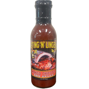 Tall clear glass bottle with black cap containing red brown sauce with black label with picture of bbq ribs and chicken; "Sting N Linger" written across in yellow font