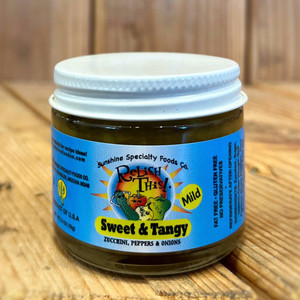 small jar with a white lid. blue label with Relish This! logo in the center and the flavor of the product underneath