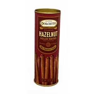 Tall tubular container with gold lid in brown with image of long wafer rolls