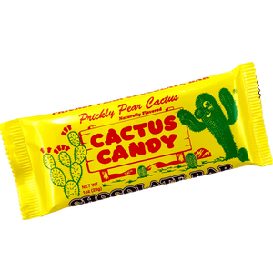 bright yellow rectangular packaging reading "Cactus Candy" in bold red lettering. A friendly smiling saguaro on the right side of the bar, on the left side of the bar is a towering prickly pear cactus