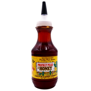 Round plastic squeeze bottle with squeeze top containing brown honey with bright yellow label
