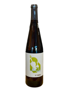 Glass wine bottle with white front label with drawing of string instruments 