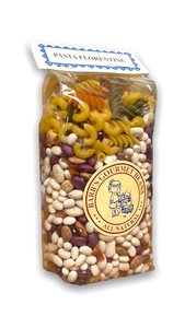 clear plastic bag containing a blend of dried beans and pasta with a round tan label clear plastic bag containing a blend of dried beans and pasta with a round tan label