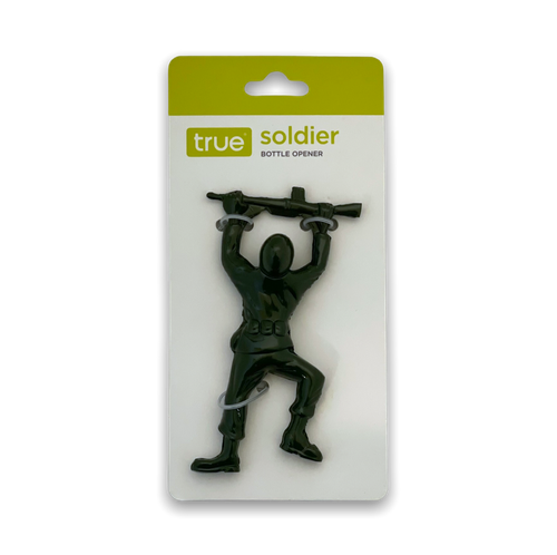 Green army man holding rifle above his head