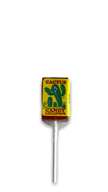 red hard candy lollypop wrapped in clear plastic with a yellow label with image of a cactus