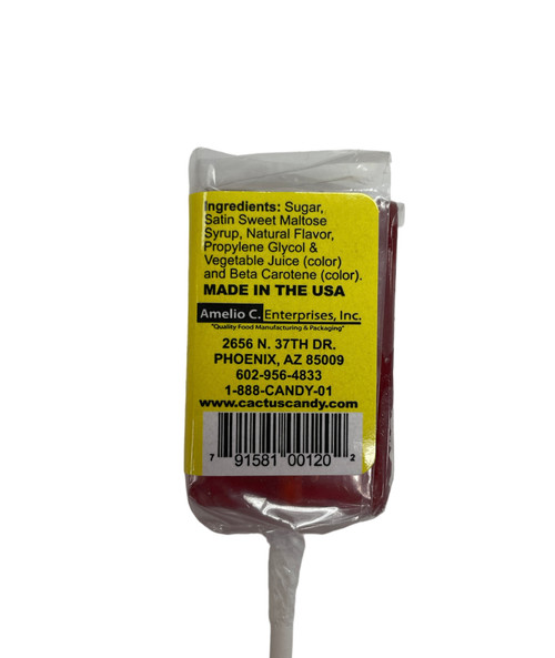 Back of lollipop with ingredients.