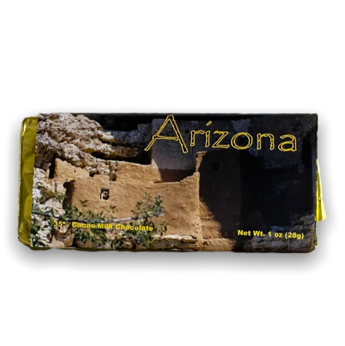 a rectangular chocolate bar with a southwestern image with the title "Arizona" in the top right of the label. Please note that the image of the chocolate bar may vary