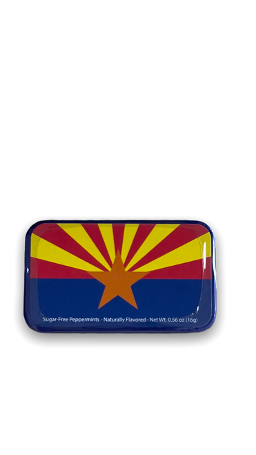 small rectangular tin with Arizona state flag 