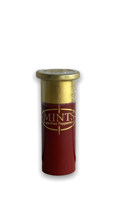 Cylindrical, shotgun shaped tin with red bottom and gold top