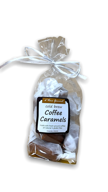 Clear cello bag containing individually wrapped caramels with square front label