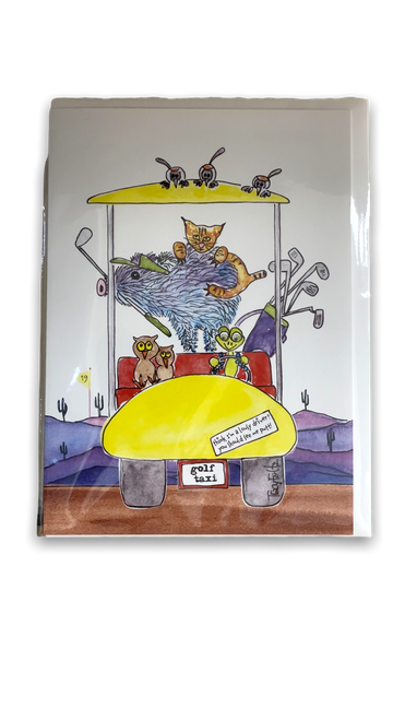 Front of white greeting card with cartoon golf cart with different Arizona wildlife