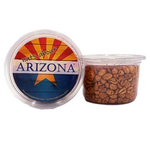 Round plastic container with Arizona flag label containing peanuts.