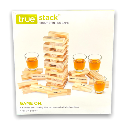 Front of square off-white cardboard box with picture of "Stack" drinking game and four shot glasses