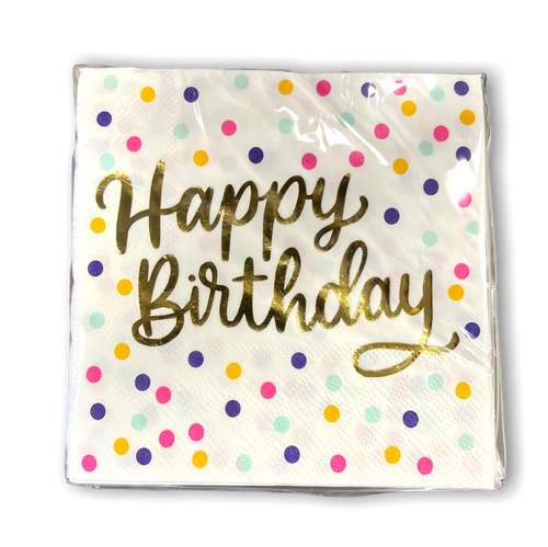 square paper napkins wrapped in clear plastic with polka dots and "Happy Birthday" written in gold.