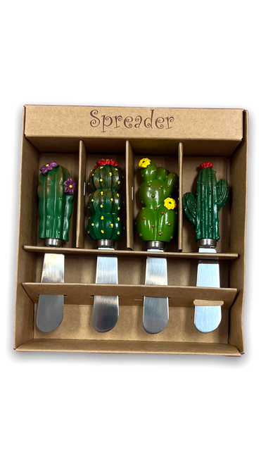 Tan box with four different cactus shaped handles of spreaders displayed in a gift box.