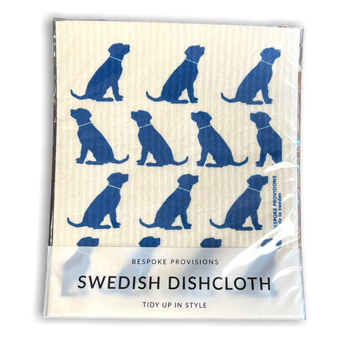 White dishcloth with images of dogs in blue