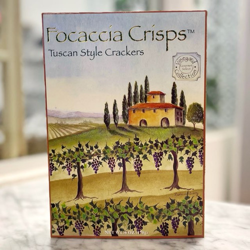 Rectangular box with image of italian vineyard and black lettering