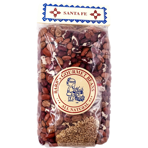 clear plastic bag containing a blend of dried beans and seasonings with a round tan label clear plastic bag containing a blend of dried beans and seasonings with a round tan label