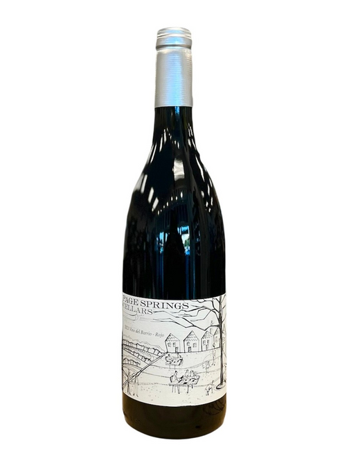 Glass wine bottle with white front label with drawing of a vineyard