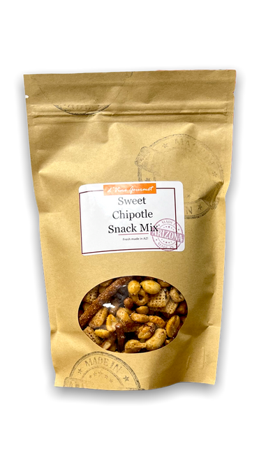 Brown zippered food bag with window containing snack mix. Brown zippered food bag with window containing snack mix.