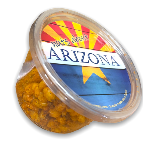 Clear plastic food tub containing golden corn nuts