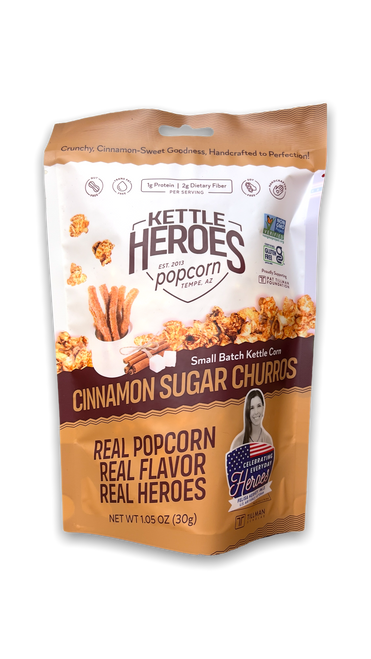Tall narrow bag in light brown and white with image of popcorn and cinnamon