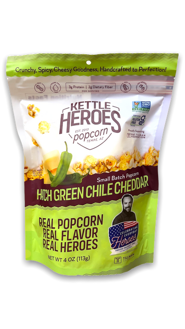 tall bag in white and light green with image of popcorn and green chilis