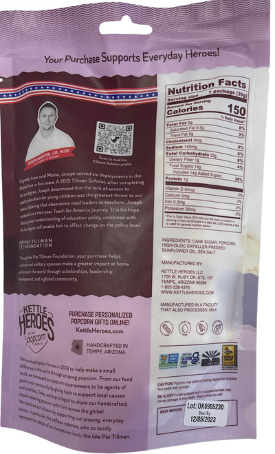 Back of bag with nutrition facts, ingredients, and mission statement.
