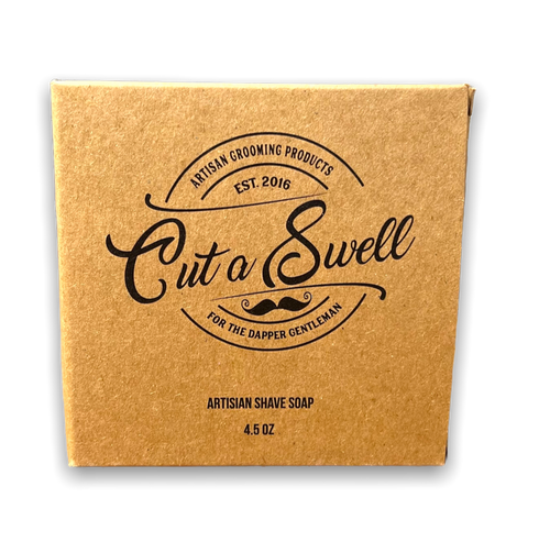 tan square box with lettering in black