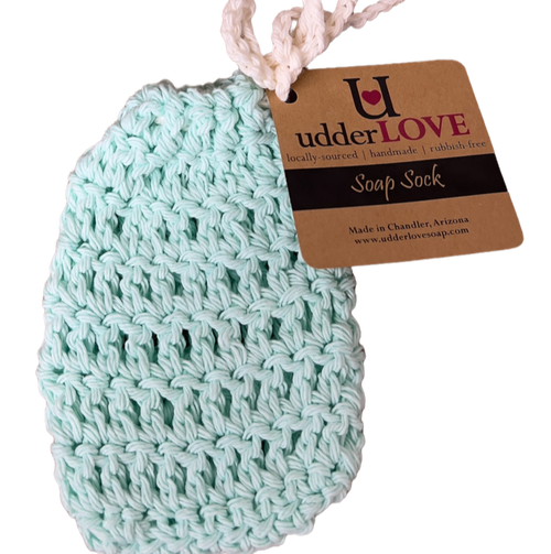 Woven soap sock with light brown tag