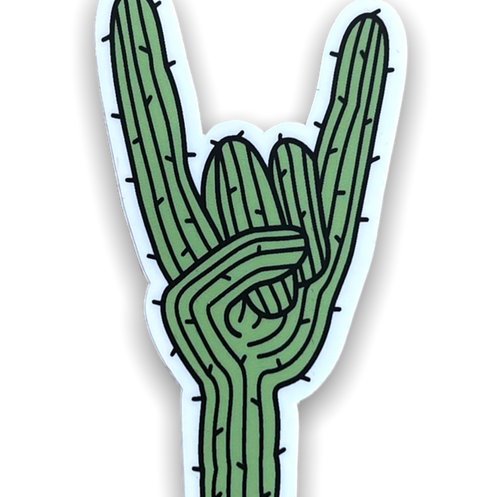 white and green saguaro cactus in the hang loose symbol