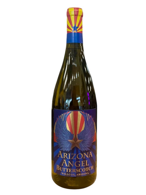 Glass wine bottle with a blue label with the arizona flag