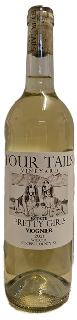 Light green glass wine bottle with white label with drawing of dogs