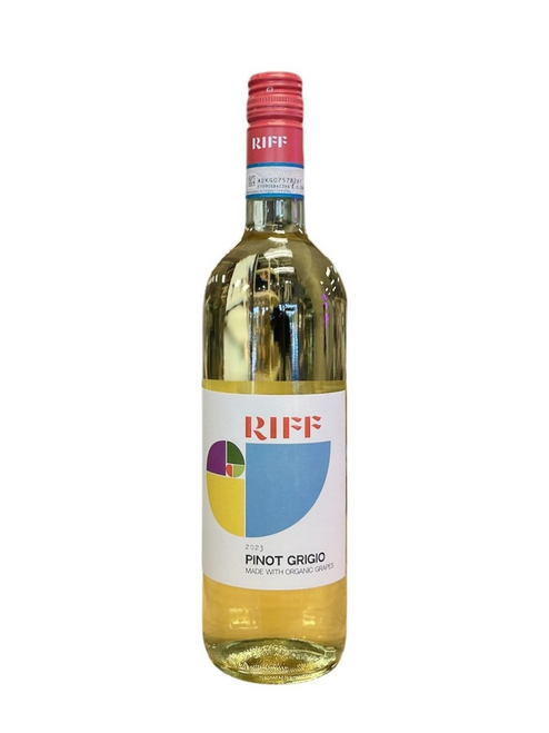 clear glass wine bottle with white, blue and yellow label