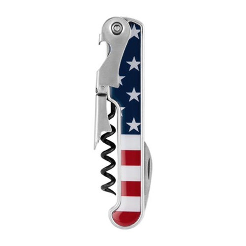 Metal hinged corkscrew with the American flag down the side